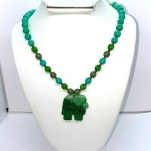 Handmade Beaded Teal Rocks Green Elephant Necklace